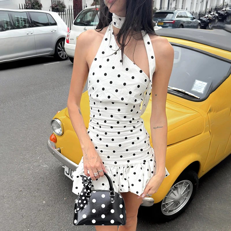 

Ticketsx Polka Dots Mini Dress Women's Halter Ribbon Off Shoulder Backless Dress Female Summer Lace Up Pleated Slim A Line Dress