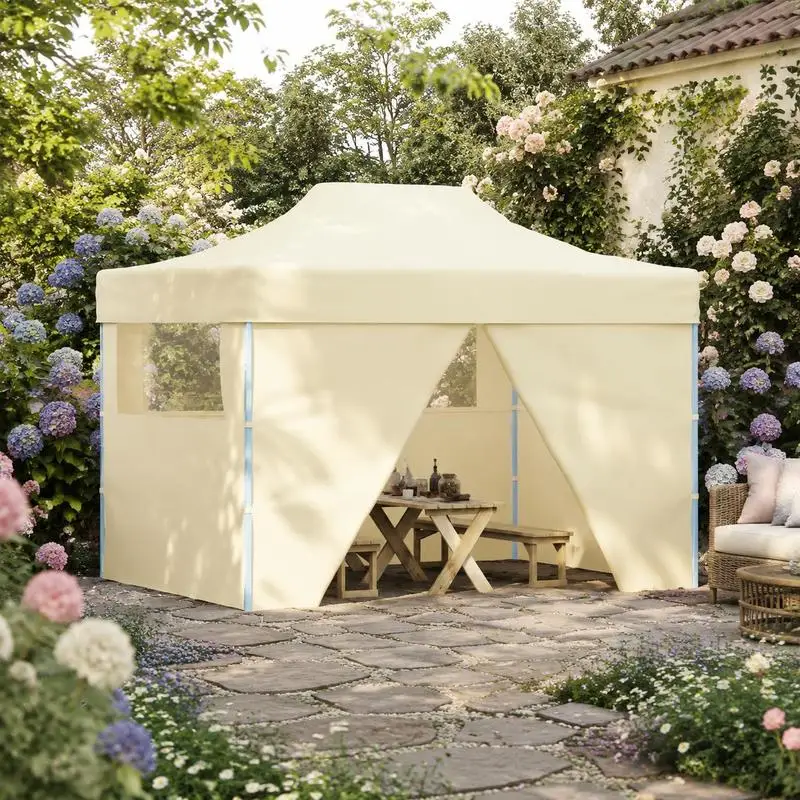 3x4m Faltbares Pavillon-Zelt, Stahlrahmenkonstruktion, Cremeweiß mit Seitenwänden, Garten-Partyzelt für draußen, leicht zu reinigen. Robuster Stahlrahmen bietet stabile Unterstützung für