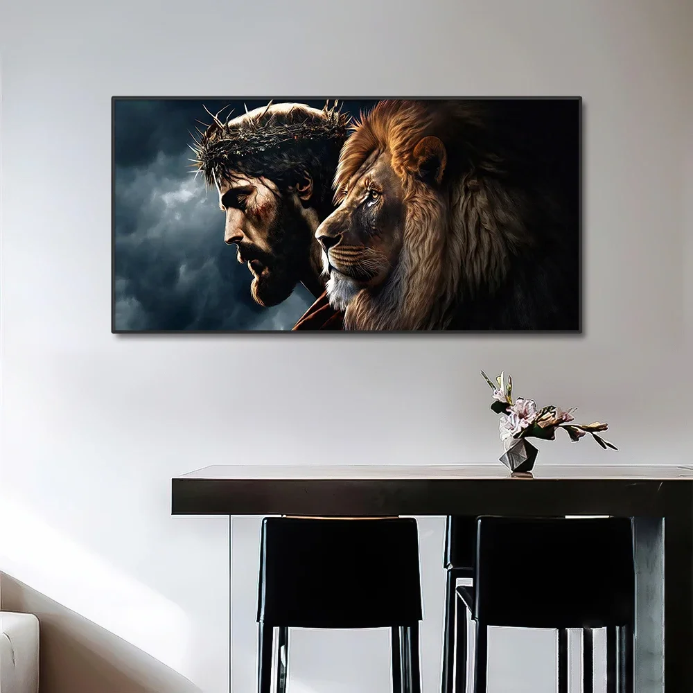 لوحة فنية جدارية للوجه من God Jesus Christ and Lion، ملصق مطبوع على القماش عالي الدقة، مناسب للمنزل، غرفة المعيشة، لوحة تزيين الغرفة