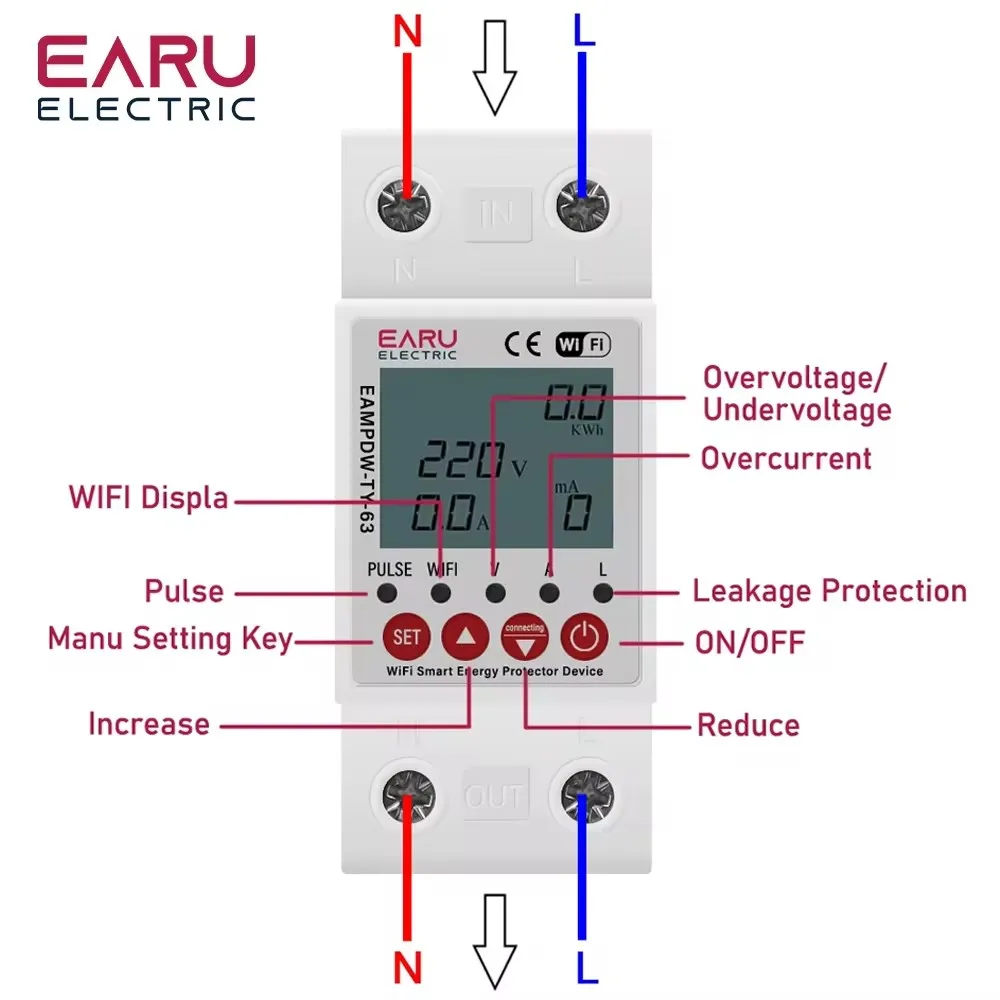 2P 63A TUYA APP WiFi Smart Circuit Earth Leakage Over Under Voltage Protector Relay Device Switch Breaker Energy Power kWh Meter