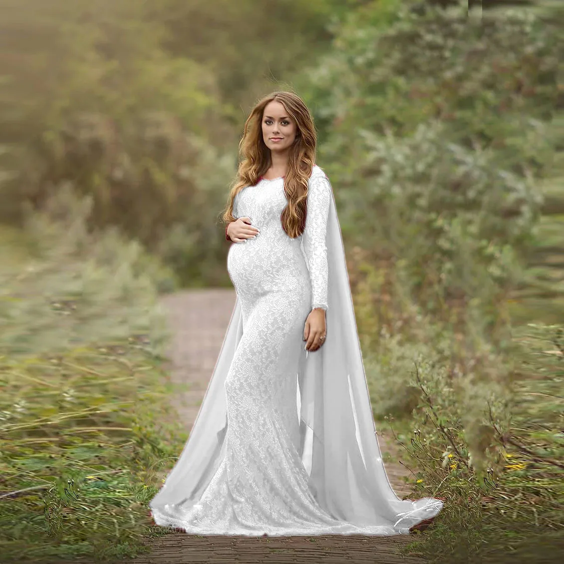 Lace Maternity Long Sleeve Photography Full Long Maxi Dress with Detachable Flowy Chiffon Train Clothes for Pregnant Women