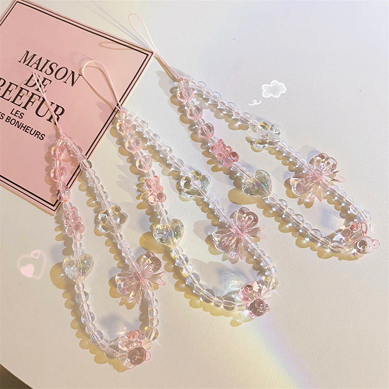 Korean Pink Bear Butterfly Flower Phone Strap Charm Chain Knot Cellphone Lanyard Keychain Woman Girl Bag Camera Pendant For Case