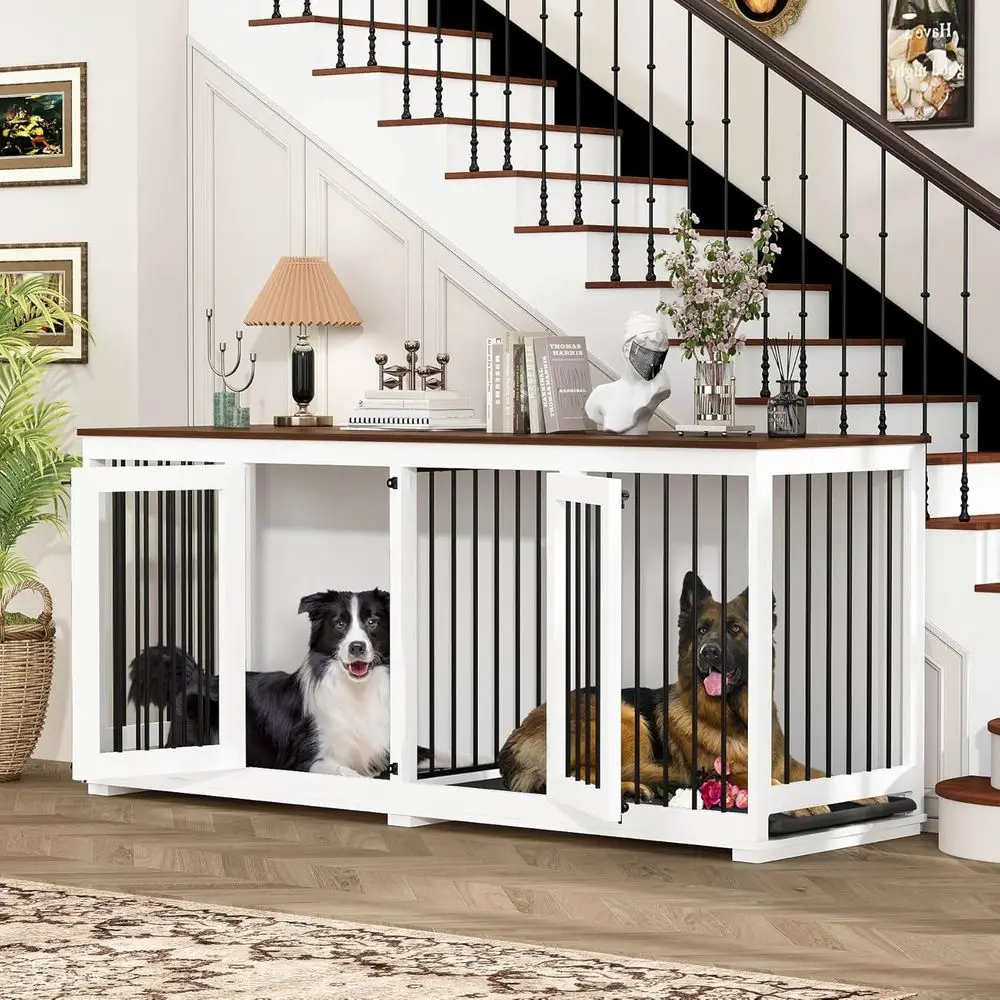 

Large Double Dog Crate Furniture, Wooden Dog Kennel House with Divider & 2 Trays, for Large or 2 Medium Breeds Indoor, White