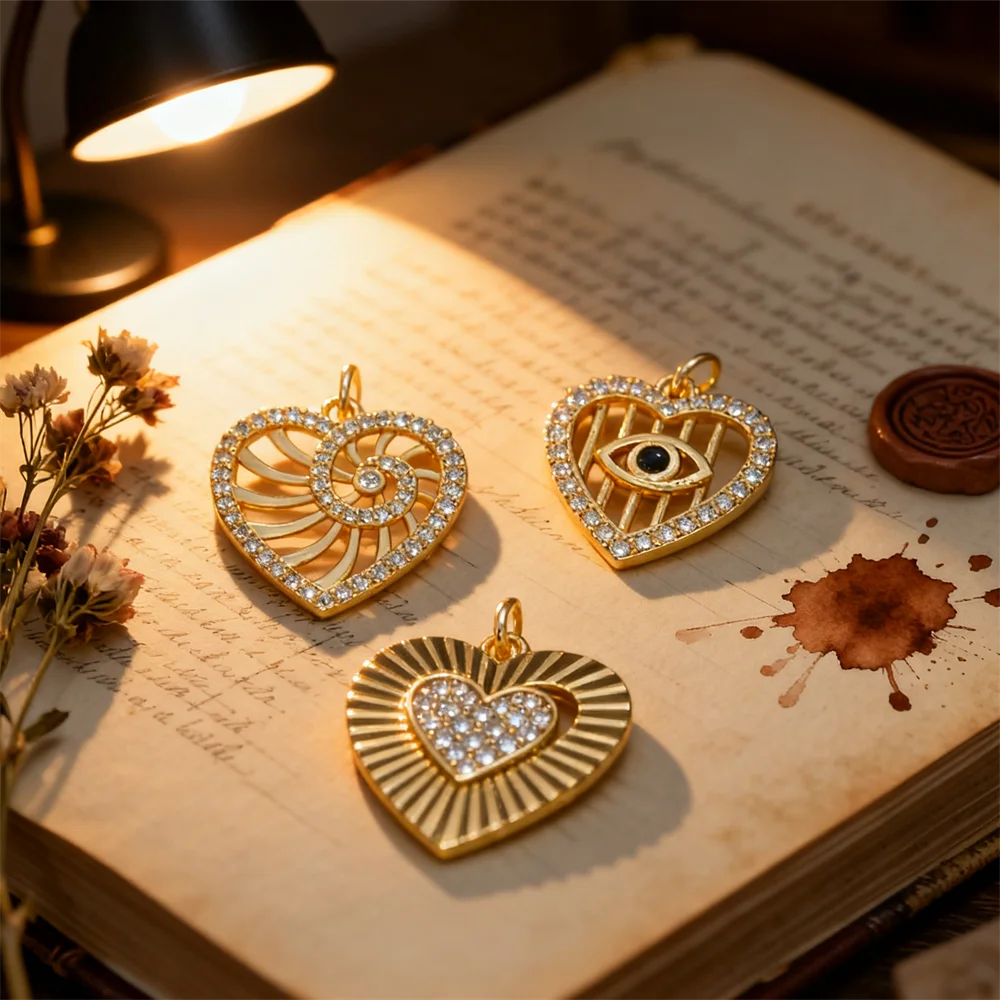 2 قطعة المعلقات النحاس شكل قلب سحر لامعة الزركون مطعمة هندسية مخرمة DIY بها بنفسك مجوهرات ل قلادة سوار صنع النساء الرجال