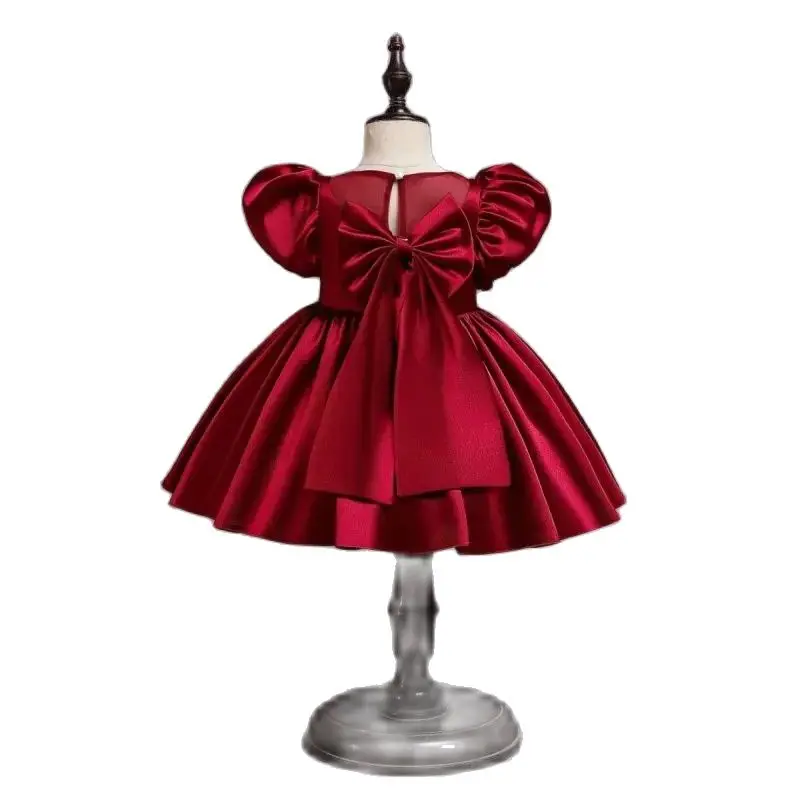 French Sexy Adult Customized Fetishist Crossdressing Sissy Smooth Red Satin Shoulder Fluffy Bow Decoration Sweet Maid Dress