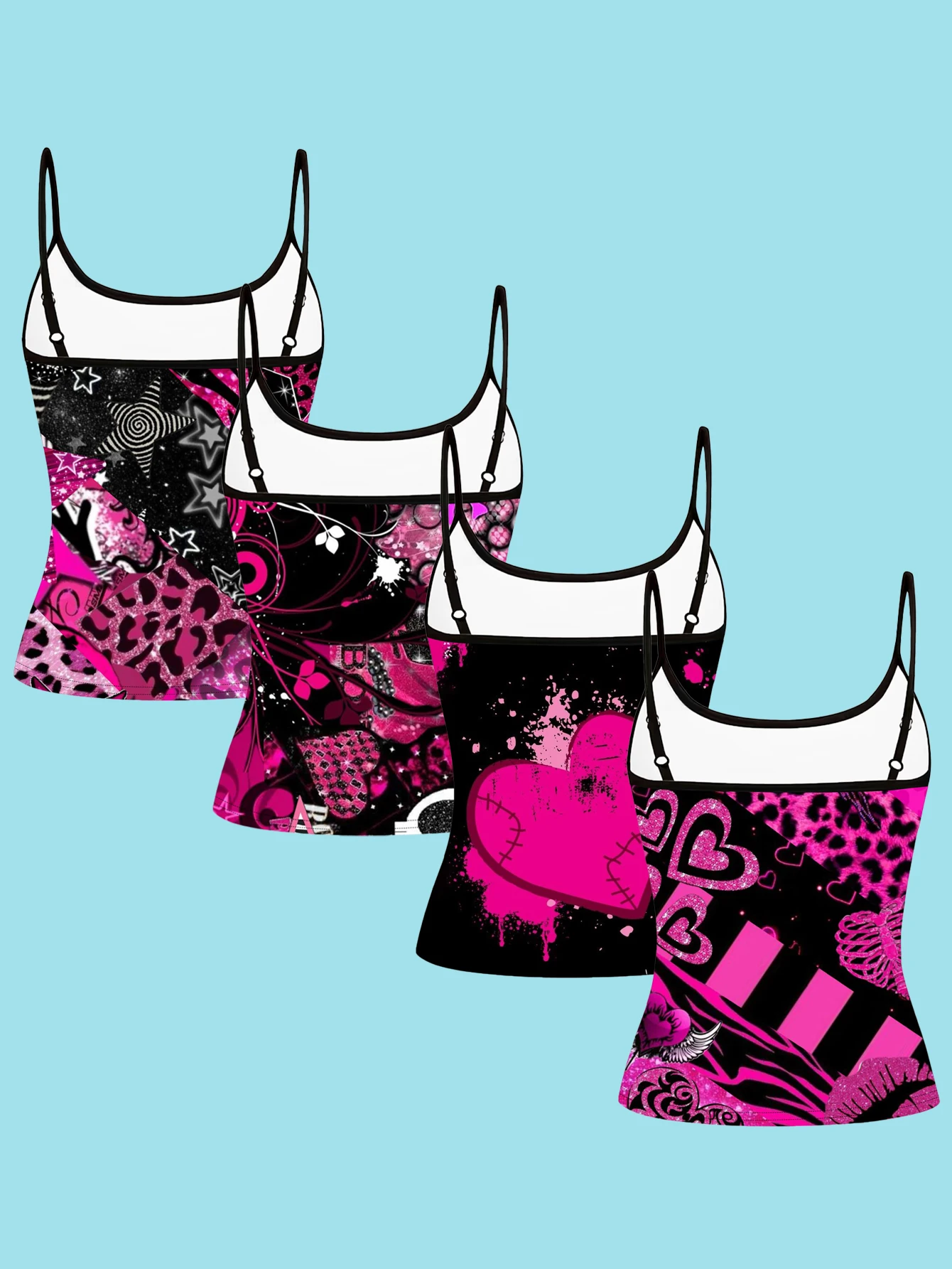 4-Piece Set of Black and Pink Y2K Millennium Print Camisoles for Women, Leopard Print Star Patch Heart Punk Slim-Fit Spaghetti Strap Tops