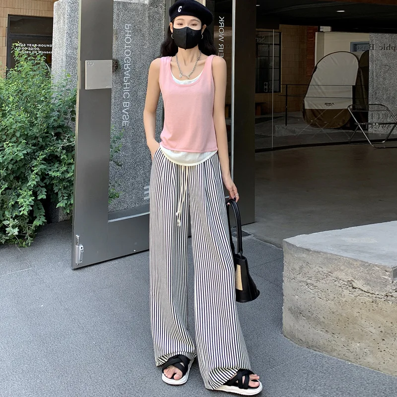 Vertical Black and White Striped Pants for Women, High-waisted Casual Loose Lazy Stroll Slimming Small Stature Wide-leg Pants