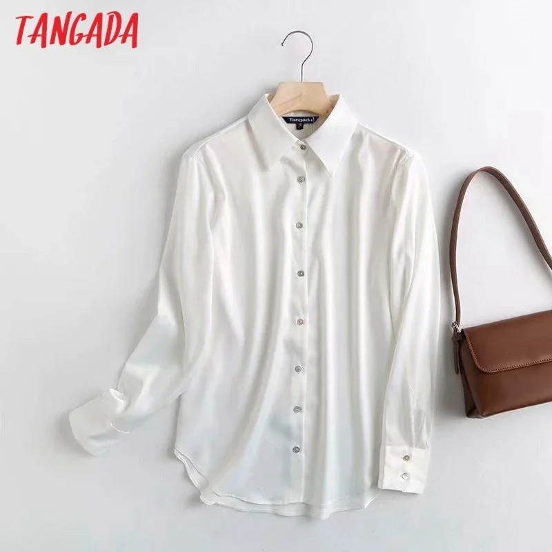 Tangada women solid satin shirts long sleeve solid turn down collar elegant office ladies high quality tops blouses 4C55