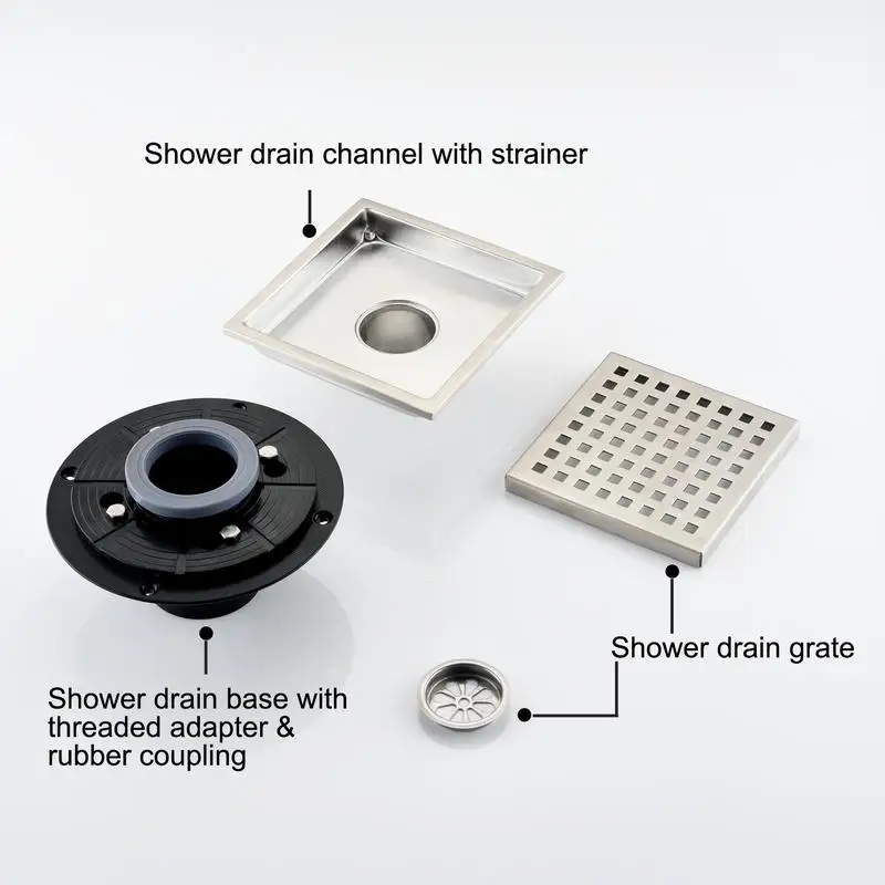 

6" Square Shower Drain, Floor Drain for Showers, Waterproof Drain System, Easy Installation, Durable Design, Stainless Steel