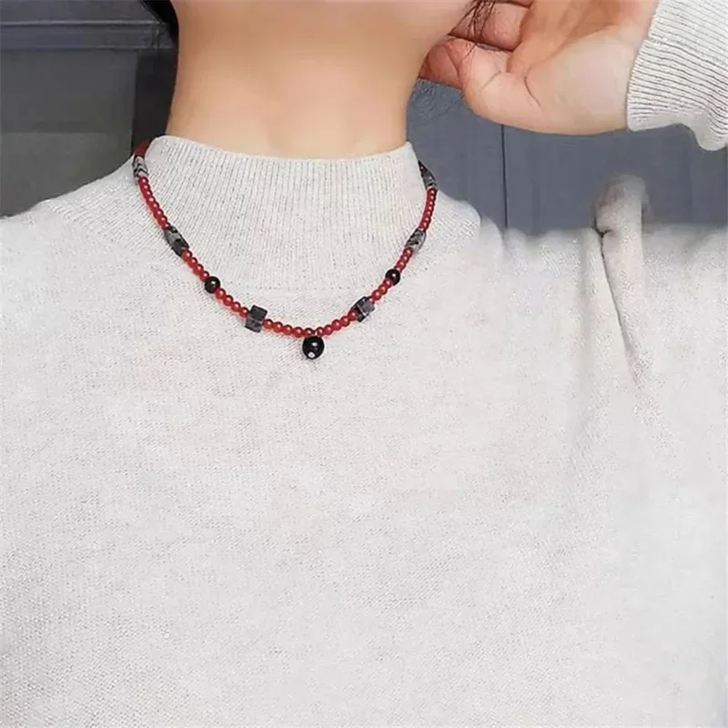 Folk-Custom perhiasan menawan merah hitam bulat batu akik liontin manik-manik kalung Sweater rantai buatan tangan Vintage hadiah Hari Ibu