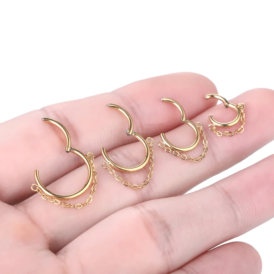6-12mm Hinged Segment Clicker Septum Ring with Chain Stainless Steel Nose Ring Cartilage Earring Lobe Helix Piercing Body Jewery