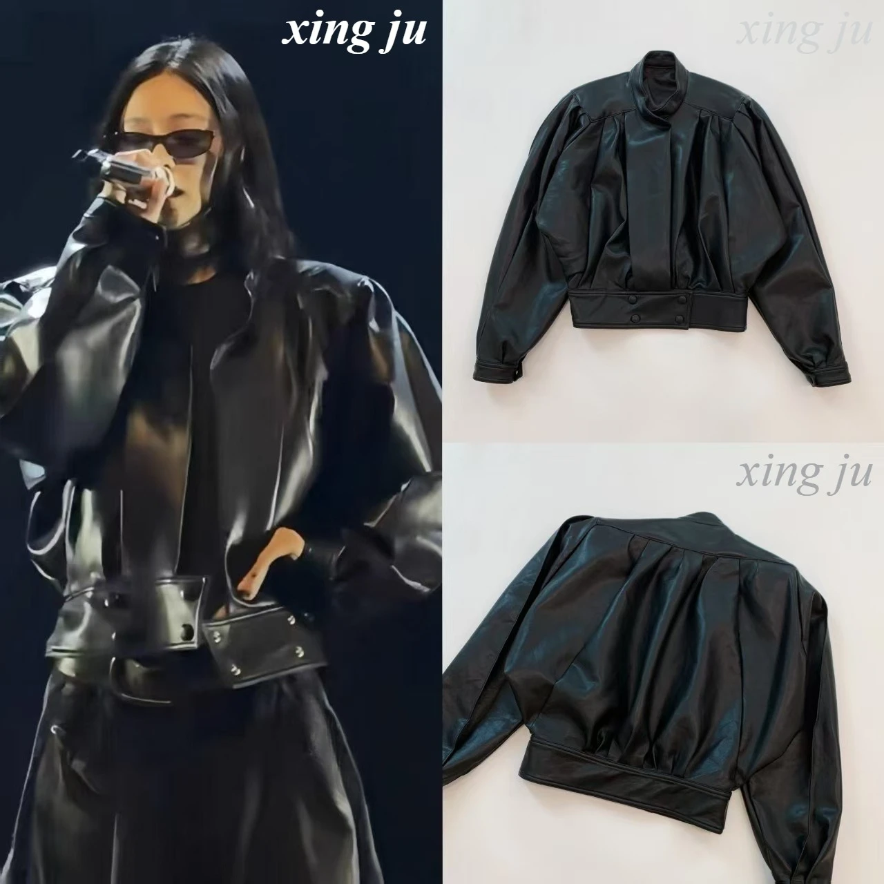 

Women Singer Concert Show Retro Loose Black Short Leather Jacket Kpop Jazz Dance Costume Nightclub Dj Stage Performance Clubwear