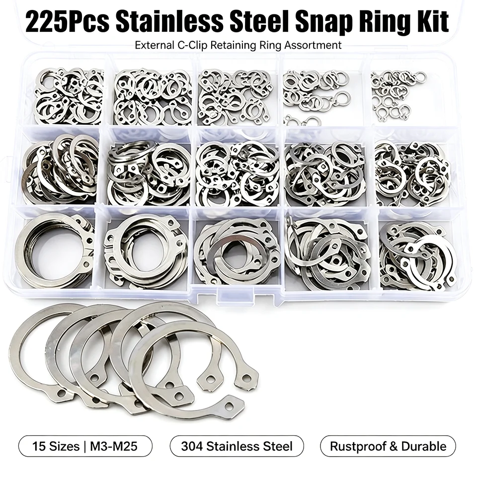 225Pcs 304 Stainless Steel Snap Ring Assortment Kit 65Mn Carbon Steel C-Clips External Retaining Rings Circlips Set M3-M25