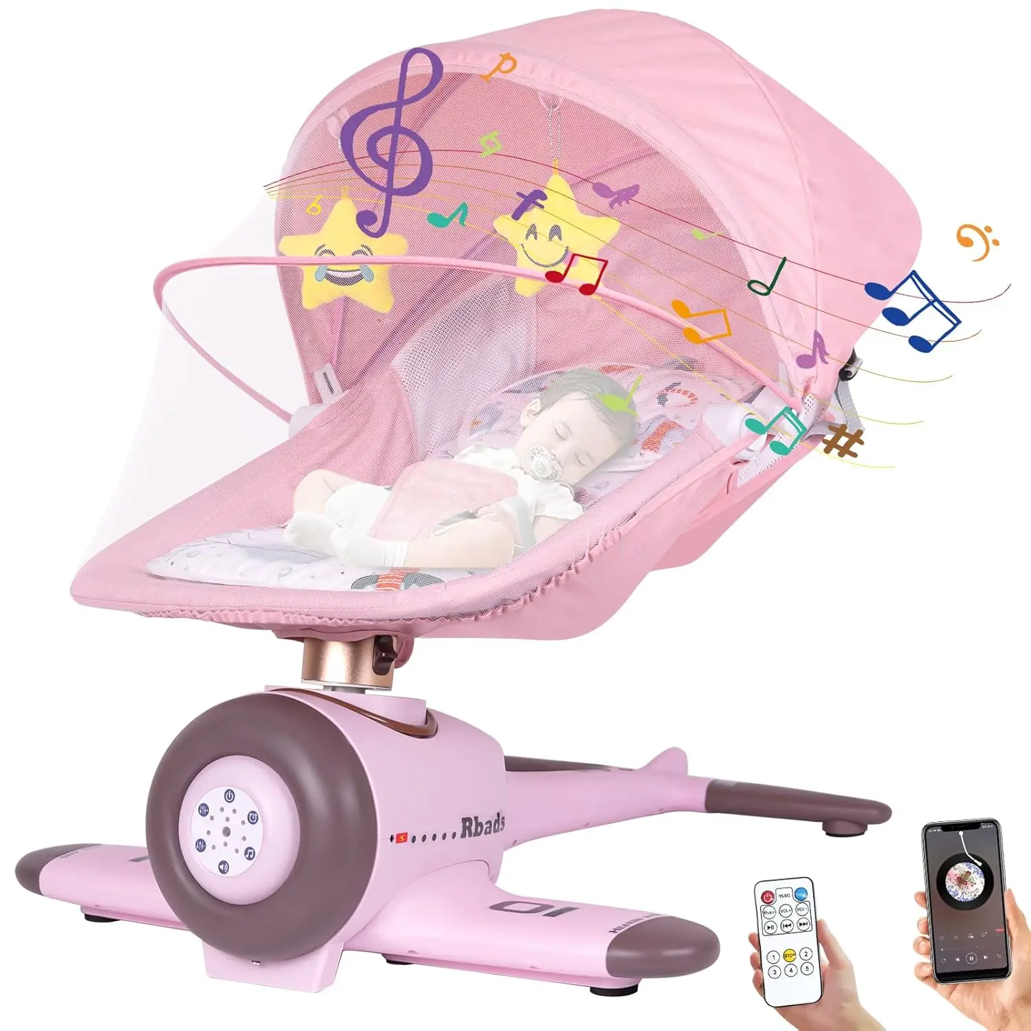 Remote Baby Bouncer & Rocker with Bluetooth Music & Light Mosquito Net Portable Aircraft Cabin Shape Baby Swings for Infants