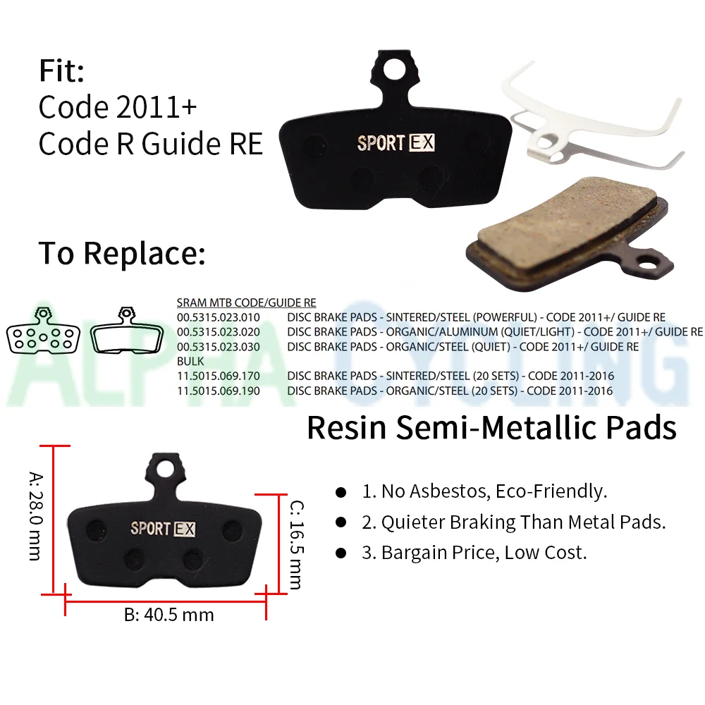 4 Pairs, Bicycle Brake Pads for AVID Code R and SRAM CODE R (2011 to Now) Hydraulic Caliper, Sport Ex Class, Resin