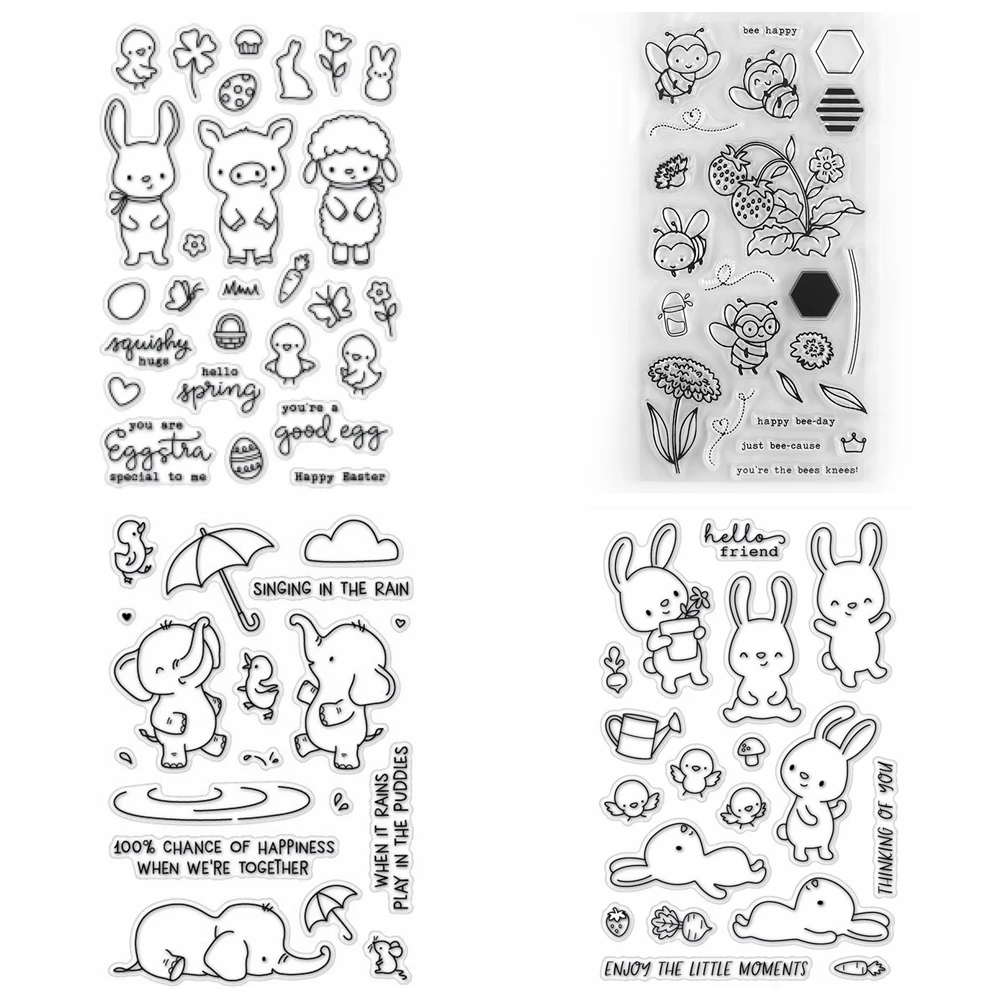 Cute Wild Animals Clear Stamps and Cutting Dies, Rabbit Elephant Pig Bee Silicone Stamps for Card Making Embossing Stencils Temp