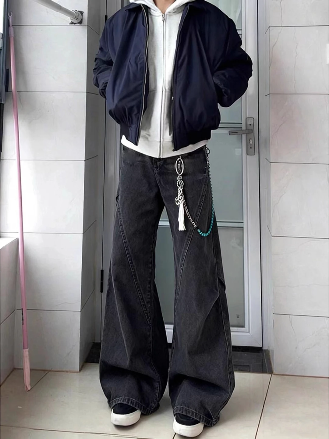 

Thickened Fleece Wide Leg Men's Jeans Deconstructed Design Winter Trousers School Style Straight Cut Pants High Waist Zipper ...