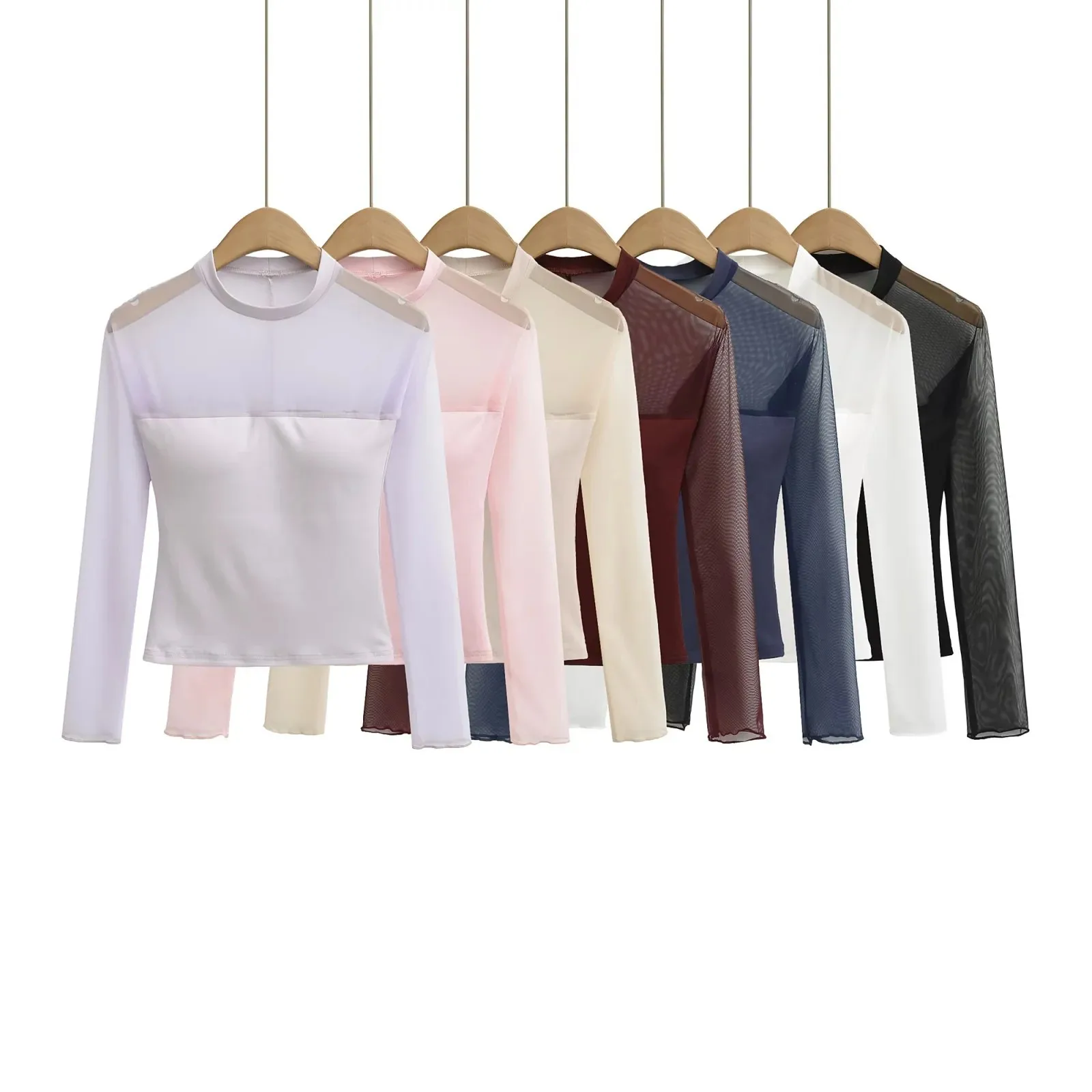 Early autumn stylish mesh patchwork base shirt with long sleeves 2025 new fashionable sexy slimming top with chest pads   DLP1