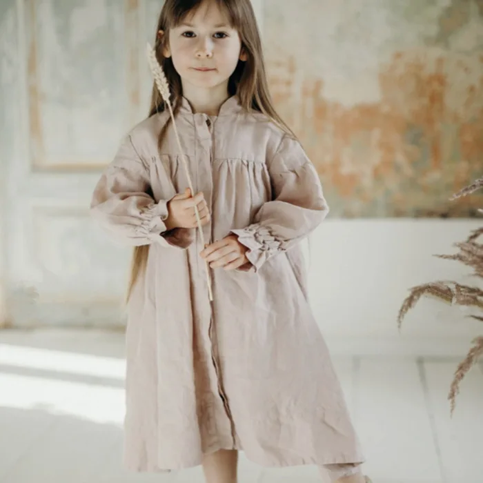 2024 Nordic Spring and Autumn Washed Linen Girls Forest Style Cardigan Dress Mid Length Comfortable British Style