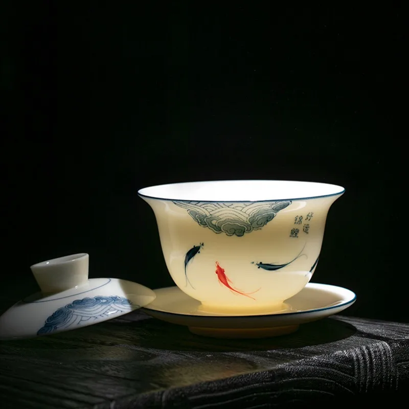 

Chinese Traditional Ceramic Gaiwan Handmade Lotus White Porcelain Teacup Travel Portable Tea Bowl Household Tea Set Accessories