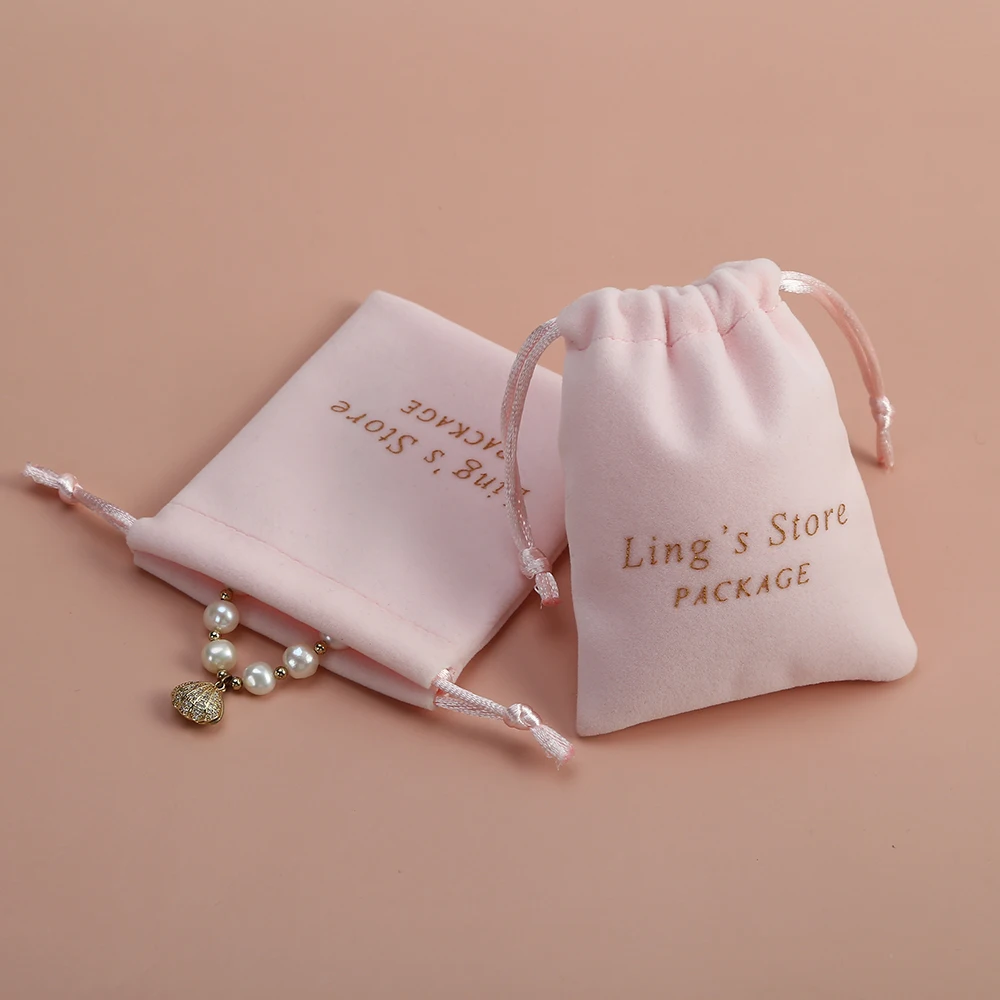 

100pcs Drawstring Gift Bags Personalized Logo Print Pink Thick Velvet Jewelry Packaging Pouches Custom Chic Wedding Favor Bag