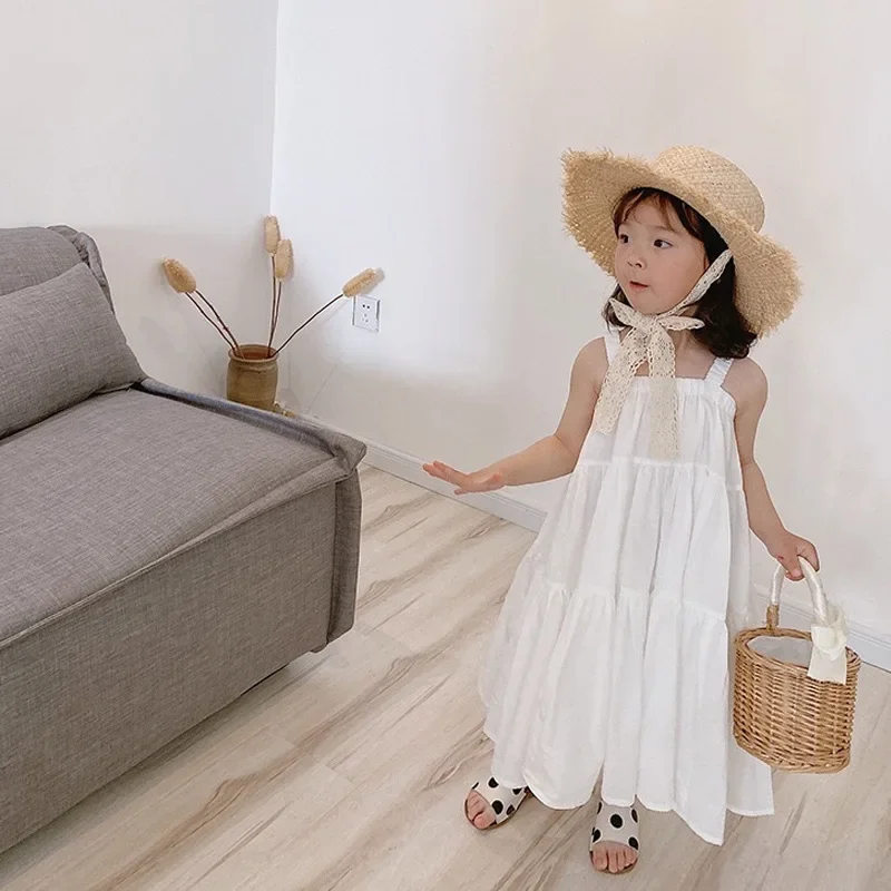 Girls Cotton Solid White Dress Ruffles Kids Strap Dress Summer Sleeveless Toddler Baby Long Dress Girl Clothes 1-6Y Kleid/robe