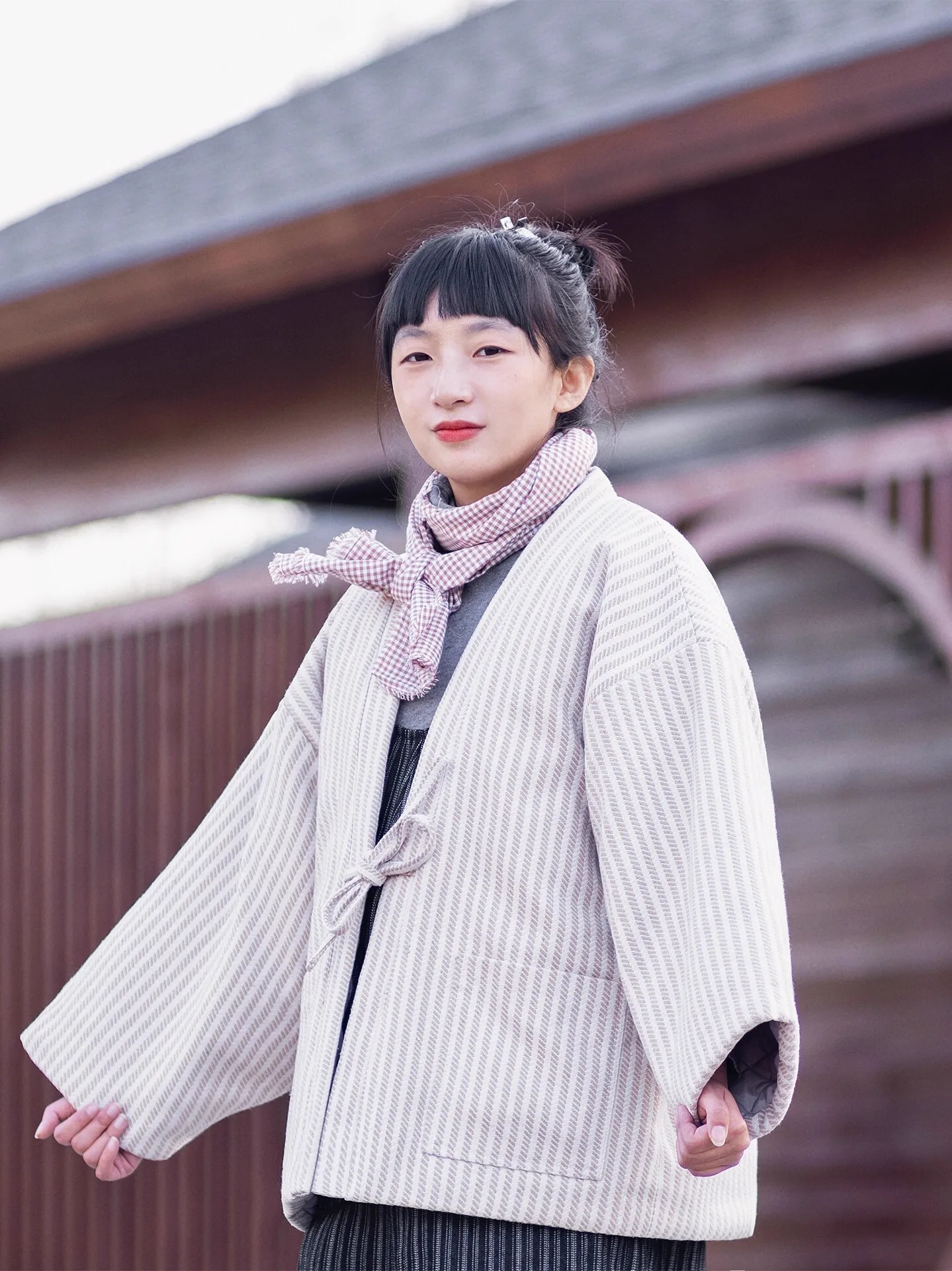 Japanese Style Women's Winter Outercoat Khaki Color Striped Kimono Hanten​ Warm Soft Padded Coat