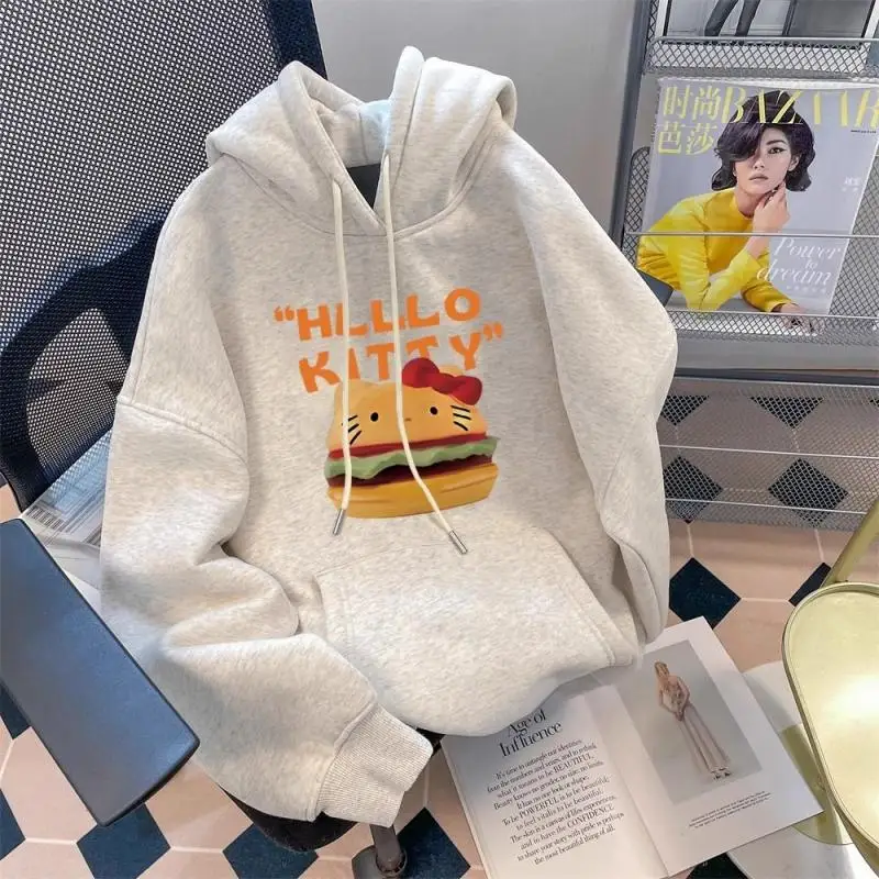 Sanrio HelloKitty Hooded Sweatshirt for Girls in Autumn Winter Loose Plus Velvet Thickened Couple Wear Casual All-match Sweater