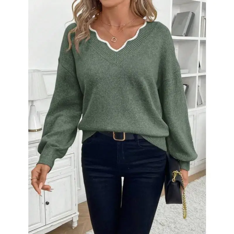 Casual Knitted Lace Sve Mouth Pure Color Stitching Women's Sweater Ci Walk  Collar Nine Points Sve Deformation Re...