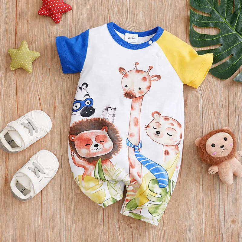 Summer Boys' Cute Cartoon Animal Party Comfortable Casual Round Neck Short Sleeve Baby Bodysuit