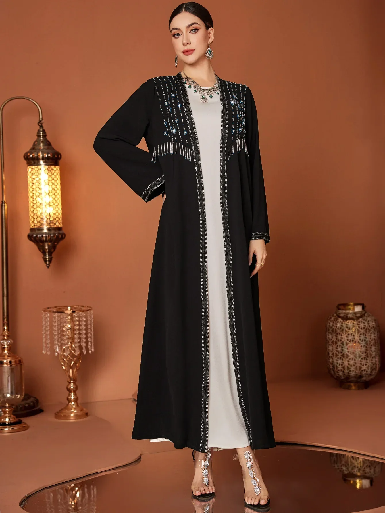 イード女性用アバヤ手縫いダイヤモンドムスリムオープンビーズ装飾ベスティドス・ラルゴス・パーティーカフタン・ジャラビーヤ・ラマダン・ドバイ・アラブロングローブ