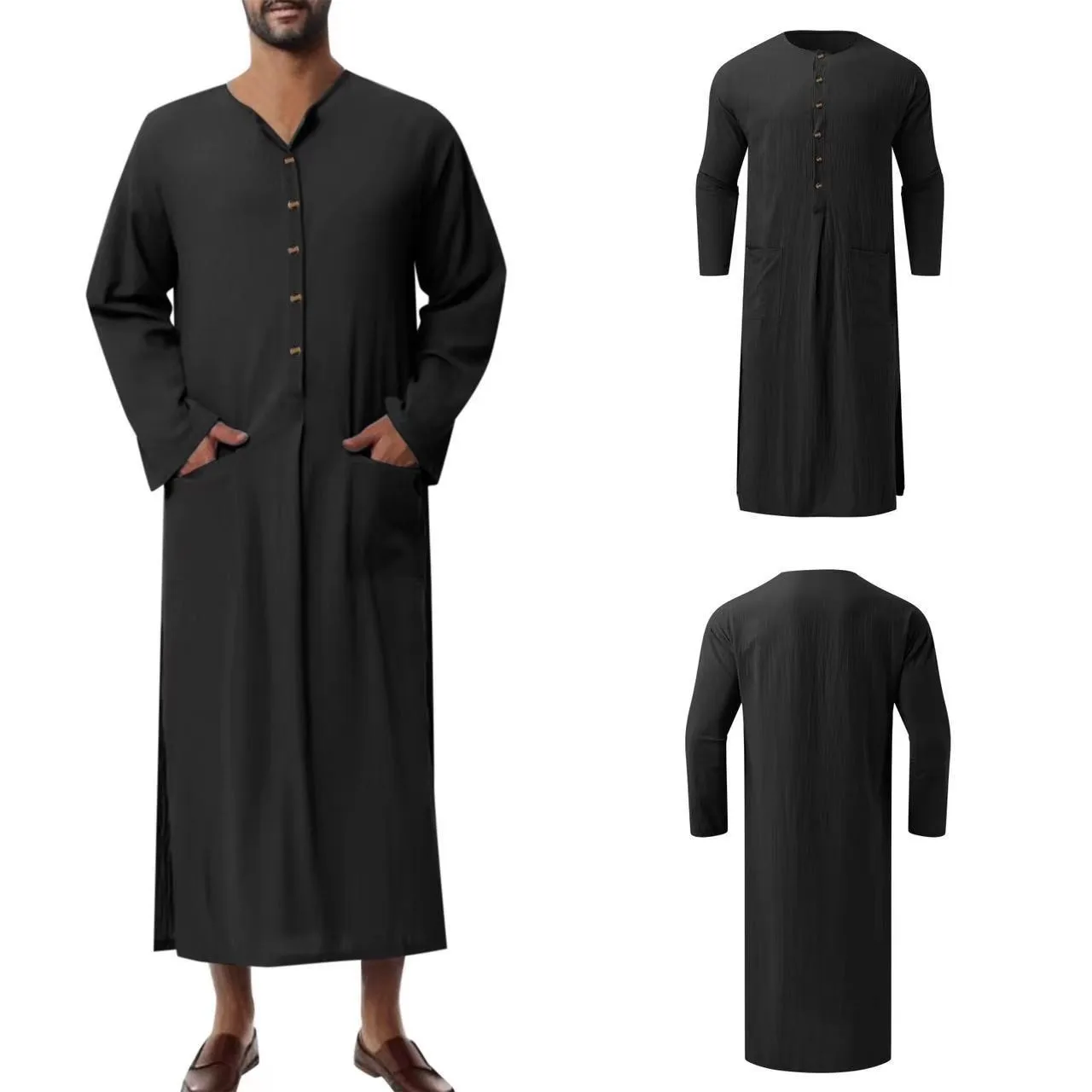 New Muslim Clothing Men\'s Robe Long Sleeve  Solid Color Arab Ethnic Style Men Islamic Abaya