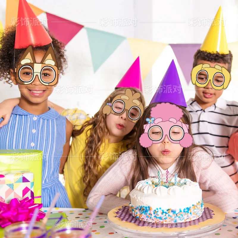 12 Pieces/set Bluey Birthday Party, Paper Glasses, Masks, Photography Props, Children\'s Party Decorations