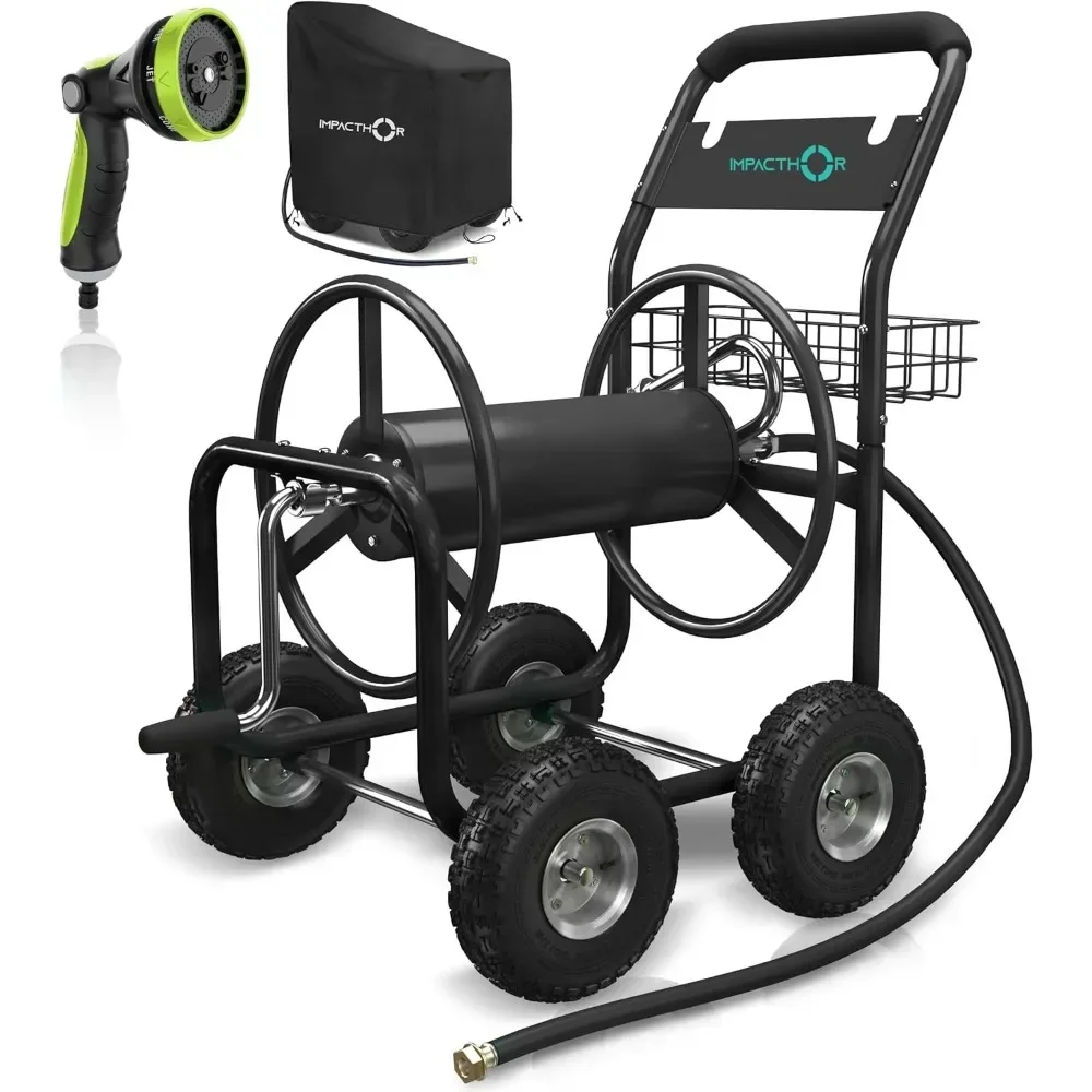 Garden Hose Reel Cart - 4 Wheels Heavy Duty Hose Cart, Nozzle & Waterproof Cover Cart Included