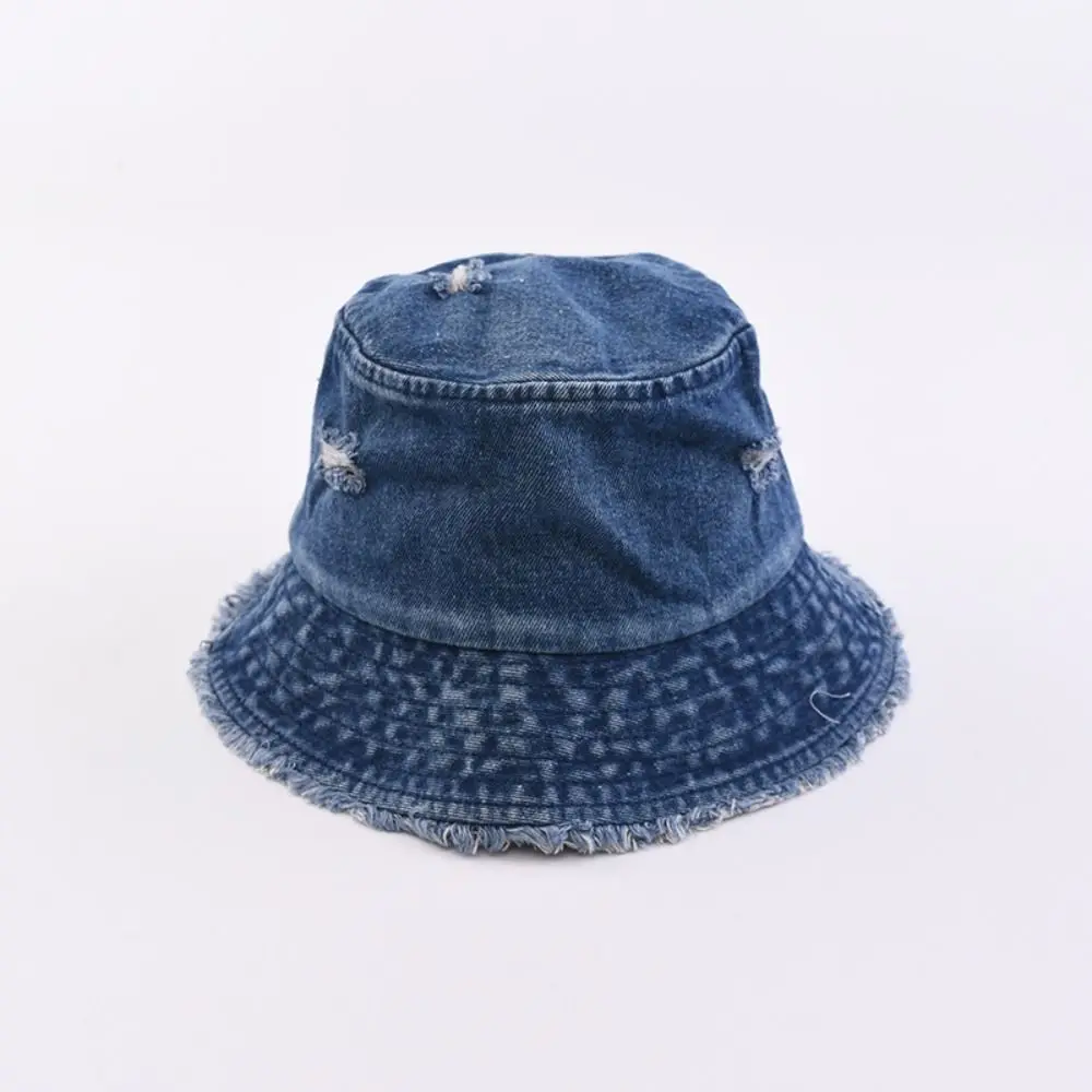 Korean Style Denim Bucket Hat Washed Denim Large Brim Sun Protection Hat Frayed Edge Small Face Effect Basin Hat Casual Wear