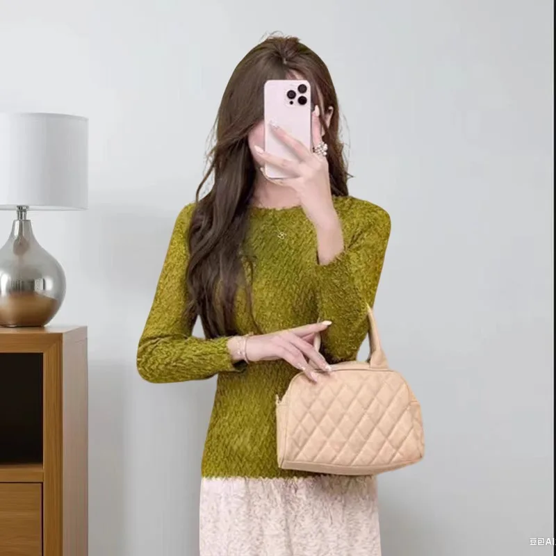 

Miyake Pleated T-shirt Design Sense Bottoming Shirt Women 2025 Autumn Slim Long-sleeved Blouse Simple Versatile Solid Inside Out