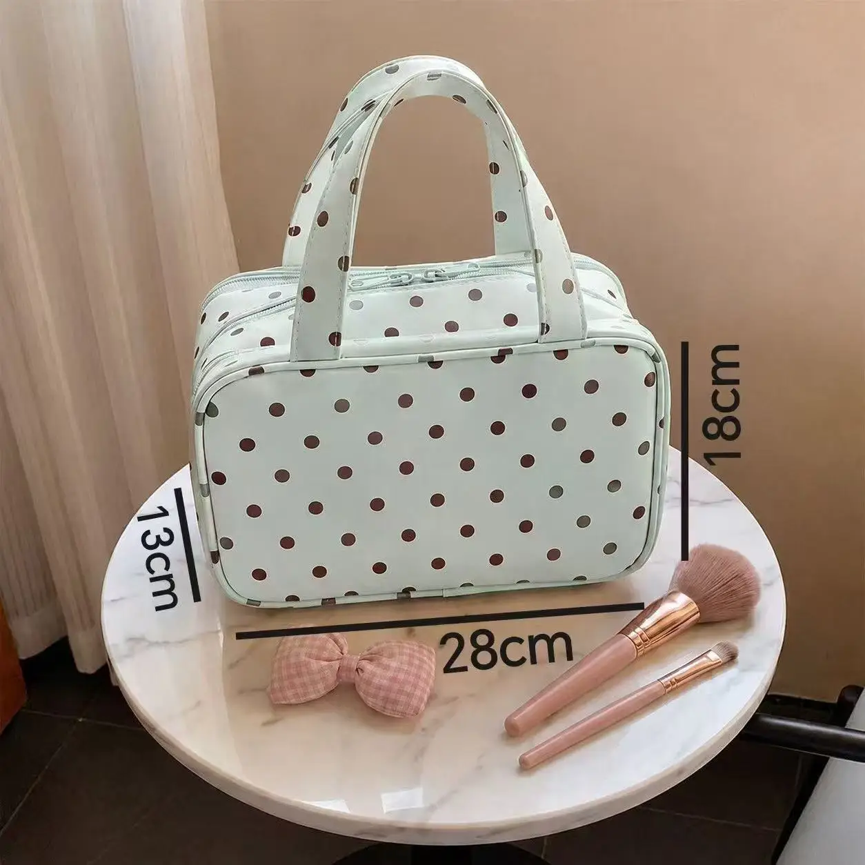 Koreanischer Stil, Minzfarbene Kaffeetasse mit Punkten, Kosmetiktasche, dreilagiger Organizer mit großem Fassungsvermögen, Reise-Toilettentasche, kann am Gepäck befestigt werden, Geschenk. – Detail 9