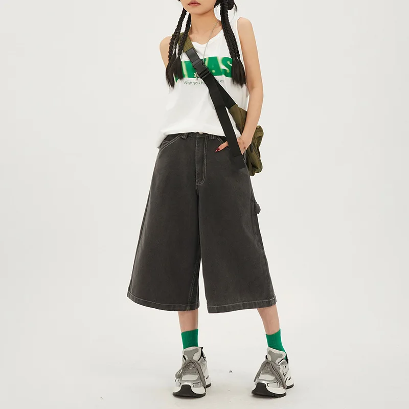 

American Retro Loose Wide-Leg Pants Women's Cropped Pants High Waist Straight All-Matching Hip Hop Jeans Women