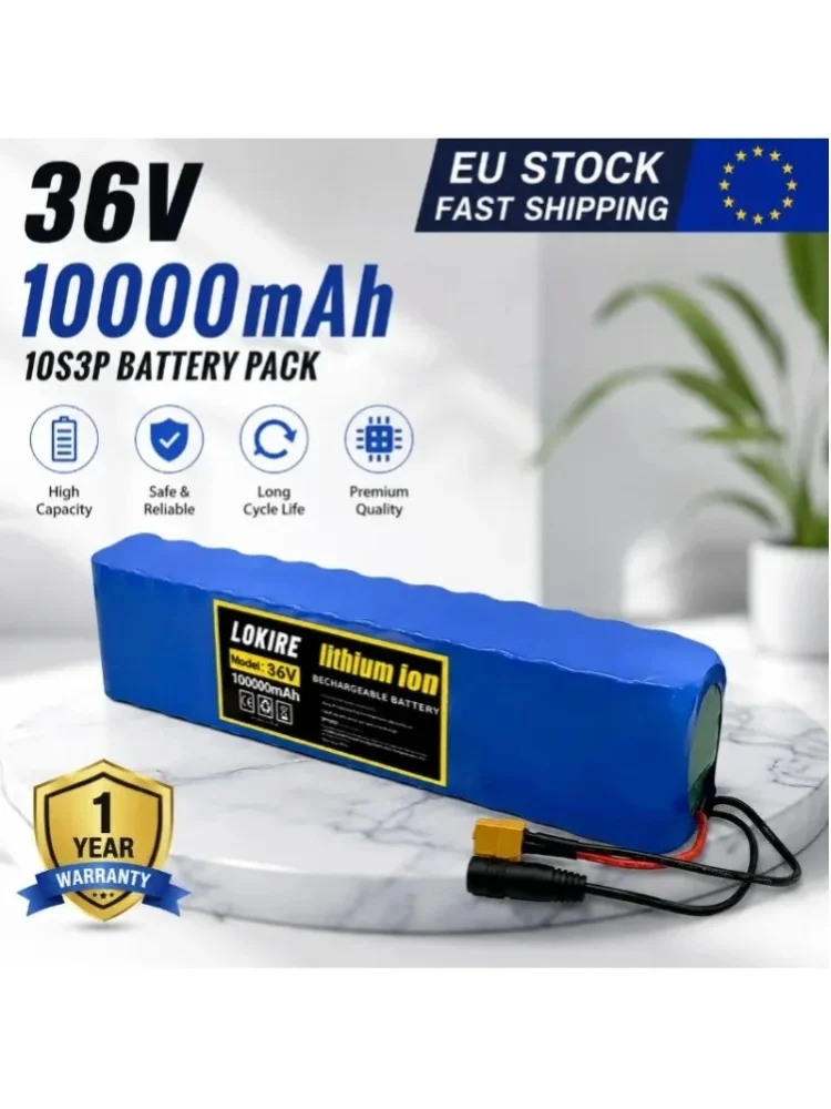 10S3P 36V 10Ah 18650 Akkupack Lithium-Ionen-Akku 10000mAh für Roller E-Bike Elektrofahrrad 1000W mit Smart BMS Sicherheitsschutz Hochleistungs-Ersatzakku EU-Lokallager Schnelle Lieferung