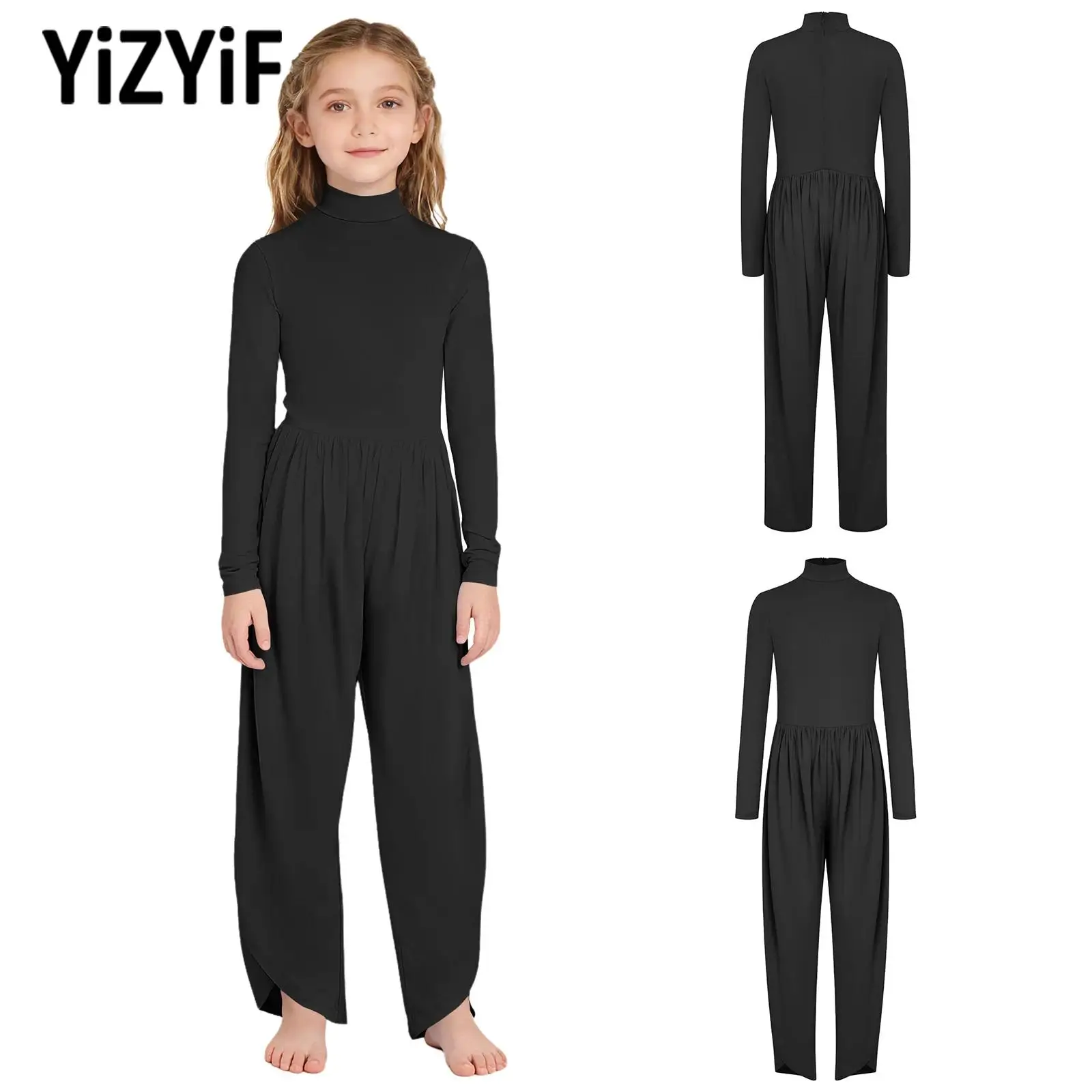 

Kids Girl Jumpsuit Dance Home Outdoor Activities Clothes Long Sleeve Baggy Workout Jumpsuit Zipper Solid Color Romper Sportswear