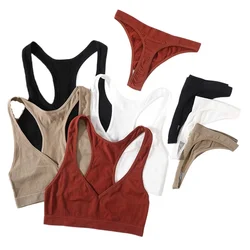 Seamless Bra Set Women Underwear Female Lingerie Set Ribbed Tops Wireless Brassiere High Leg Waist Thongs Tank Crop Top