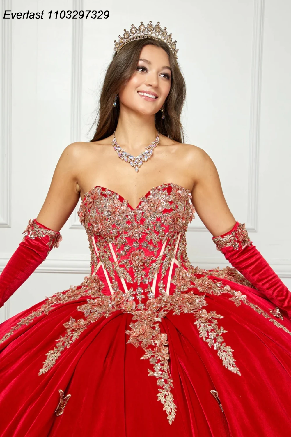 EVLAST-vestido De quinceañera rojo con purpurina, traje De baile De mariposa dorada, apliques De cuentas, dulce mexicano 16, 15 años, TQD640