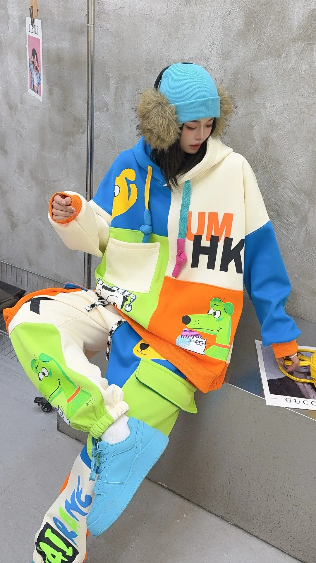 Multicolour Patchwork Hooded Sweatshirt and Sweatpants 2 Pieces Sets Women Outfits Casual Oversized Cargo Pants Sets Y2k Bust132