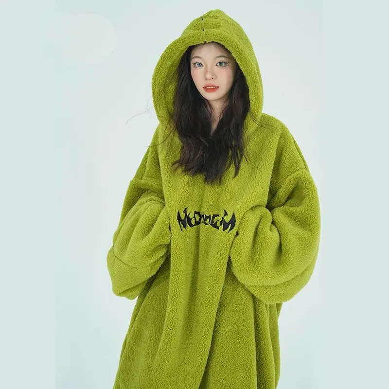 Super long nightgown pajamas women\'s autumn and winter all-in-one hooded coral velvet thickened loose sweater household clothes