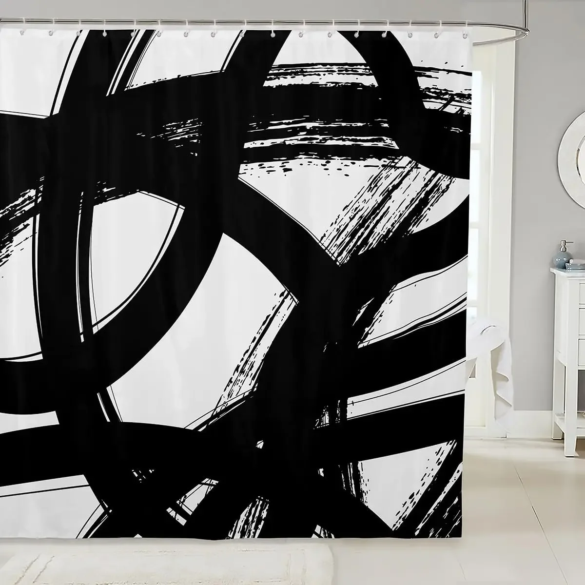 Black and white geometric modern striped bathroom shower curtain neutral art bathroom accessories waterproof shower curtain