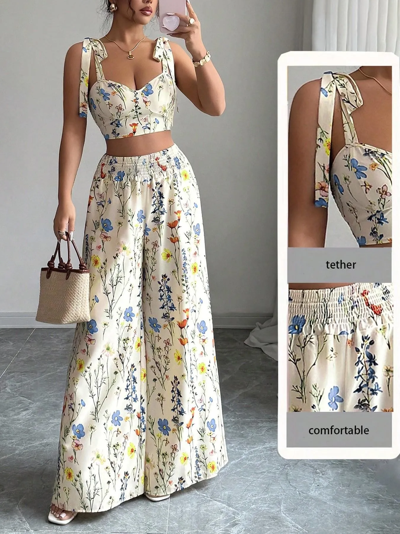 

Summer 2 Piece Set Floral Print Sleeveless Crop Tee Tie Shoulder Smocked Waist Tank Top Wide Leg Pants Blue Yellow T-Shirt