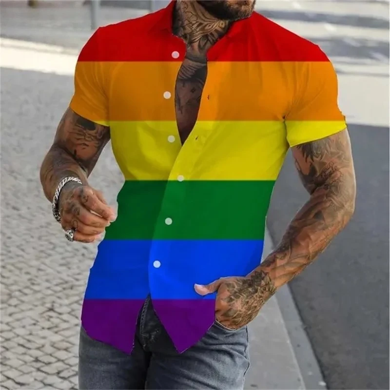 قميص قوس قزح ملون مطبوع ثلاثي الأبعاد للرجال صيفي غير رسمي بقصة ضيقة وأكمام قصيرة قمصان مثليه للمثليين قمصان علوية Camisas De Hombre #3