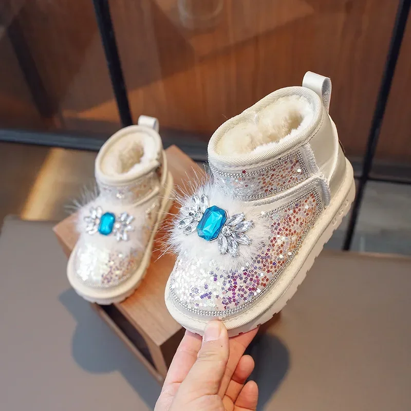 Pink Girls Snow Boots Sequin Kids Plush Shoes for 20243 Winter Casual Shoe Children\'s Warm Shoe Zip Flats Ankle Boot 26-36