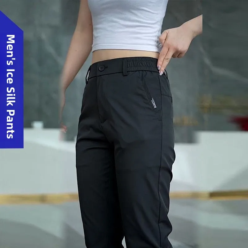 

Тонкие мужские повседневные брюки из ледяного шелка, летние брюки Busin West, прямые свободные брюки, новинка 2025, длинные брюки, модная молодежная одежда