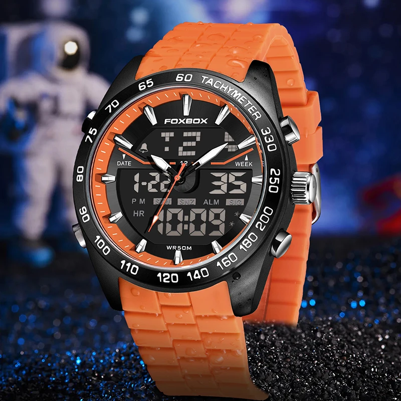 FOXBOX Brand Electronic Man Watch Fashion Alarm Week 50M Waterproof HD Lume Dual Display Sport Digital Stopwatch Watches for Men